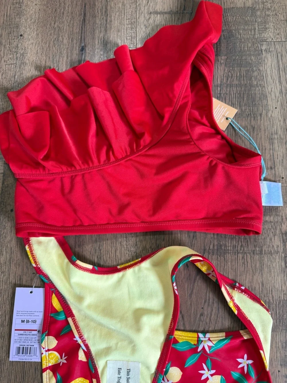 NWT! KONA SOL - WIL FABLE fruit print 🍋🍋 One-Shoulder Ruffle Bikini Set M 8-10